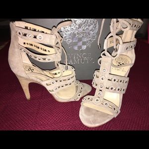 Vince Camuto light tan suede w/ laceup kitten heel